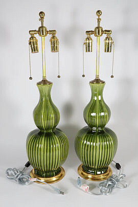 Pair of Green Glazed Gord Shaped Lamps