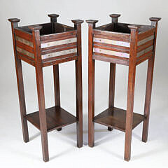Pair of Mission Style Oak Planters with Shelf Stretcher