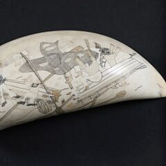 Polychrome Scrimshaw Whale Tooth “Stove Boat Aribus”