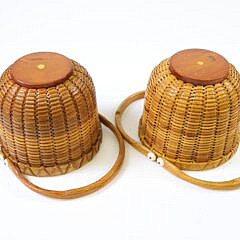 Pair of Paul Willer Nantucket Basket, Double Swing Handles and Cobalt Glass Liners