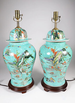 20th Century Pair of Chinese Decorated Porcelain Temple Jar Lamps