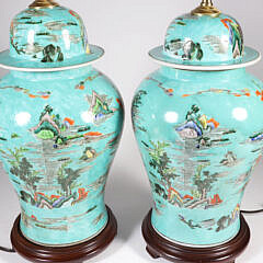 Pair of Chinese Decorated Porcelain Temple Jar Lamps, 20th Century