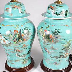 Pair of Chinese Decorated Porcelain Temple Jar Lamps, 20th Century