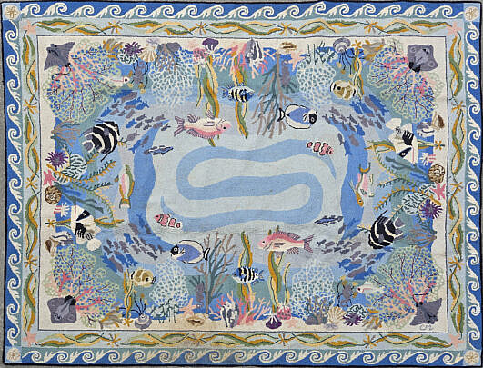 Claire Murray Hooked Rug, Coral with Fish