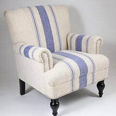 Blue and White Striped Upholstered Club Chair