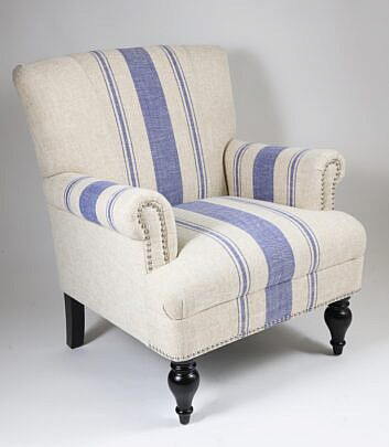 Blue and White Striped Upholstered Club Chair