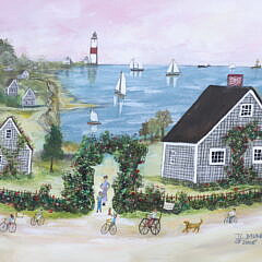 Vintage Jan Munro Nantucket Folk Art View of Sconset and Sankaty Light