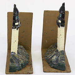Pair of Vintage Cast Iron Paint Decorated Lighthouse Doorstop Bookends