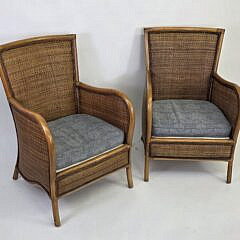 Pair of Custom Bamboo Rattan Woven Easy Chairs, 20th century