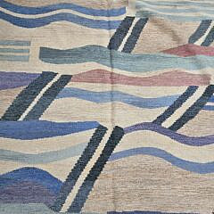 Signed Margaretta Nettles Modern Blue, White and Multicolored Hand Loomed Wool Carpet
