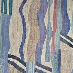 Signed Margaretta Nettles Modern Blue, White and Multicolored Hand Loomed Wool Carpet