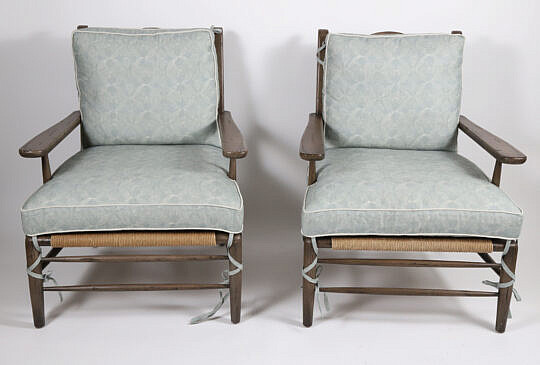 Pair of Chaddock Ivy Lounge Chairs with a Woven Rush Seat and Tie-on Cushions