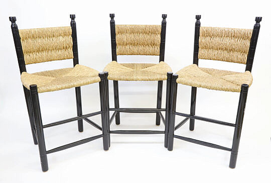 Three Black Painted Faux Bamboo Rush Seat Stools