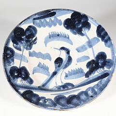Delft Bird Decorated Shallow Bowl, 19th Century