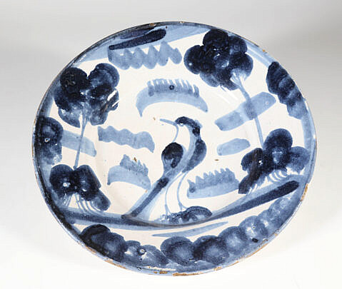 Delft Bird Decorated Shallow Bowl, 19th Century