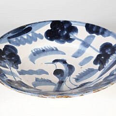 Delft Blue and White Bird and Foliage Decorated Shallow Bowl, 19th Century