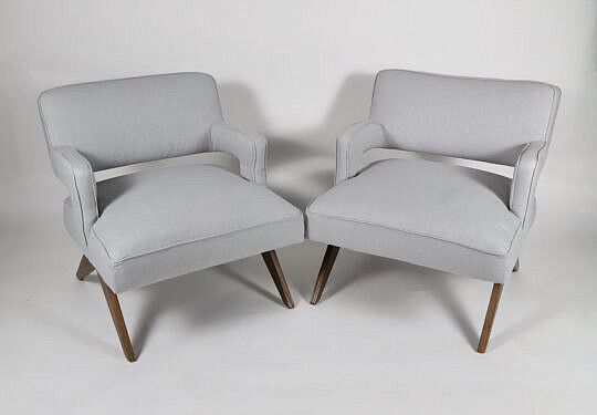 Pair of Continental Upholstered and Walnut Open Armchairs