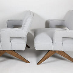 Pair of Contemporay Mid-Century Style Upholstered Walnut Open Armchairs