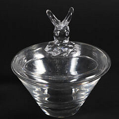 Signed Steuben Clear Crystal Rams Head Candy Dish Designed in 1943