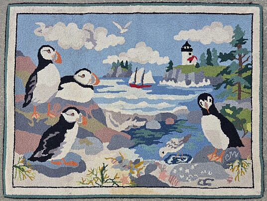 Claire Murray Hooked Rug "Puffins and Curtis Island Light"