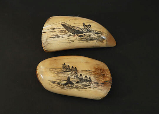 Two Mammoth Ivory Eskimo Scrimshaw Teeth