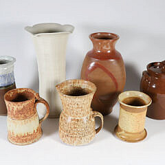 7 Contemporary Pottery Pieces Including Vases and Pitchers
