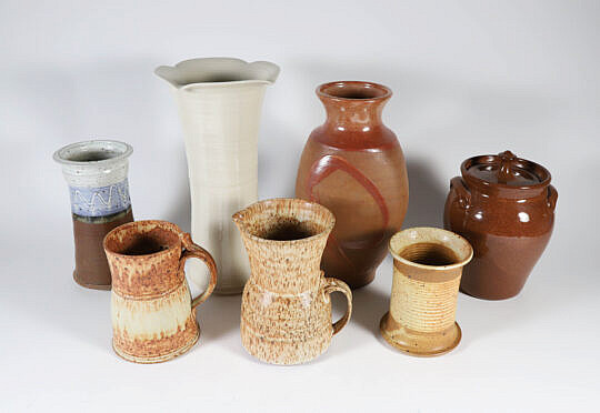 7 Contemporary Pottery Pieces Including Vases and Pitchers