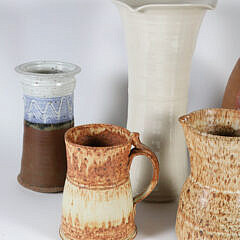 Seven Contemporary Pottery Pieces Including Vases, Pitchers and Covered Crock