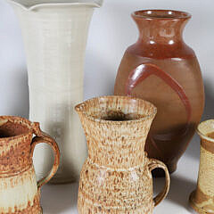 Seven Contemporary Pottery Pieces Including Vases, Pitchers and Covered Crock