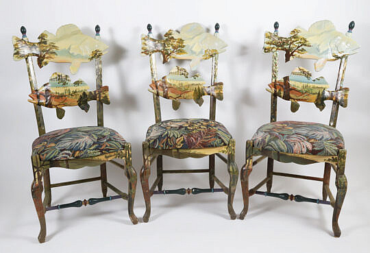 Set of 3 Mackenzie Childs Forest Fish Decorated Ladder-Back Side Chairs