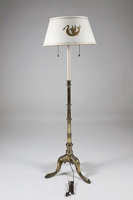 Vintage Brass Tripod Floor Lamp with Decorated Swan Cardboard Shade
