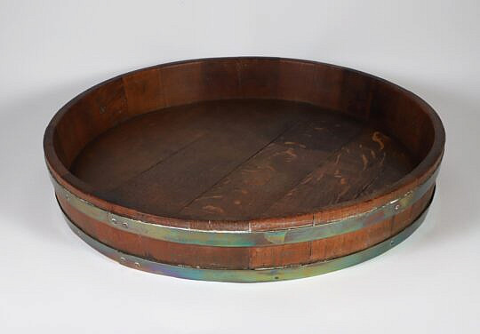 English Brass Strapped Shallow Oak Wood Pan