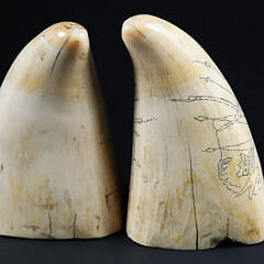 Pair of American Scrimshaw Antique Whale’s Teeth, circa 1840