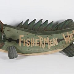 Carved Wood and Tin Decorated Hanging Fish Sign "Fishermen Welcome"