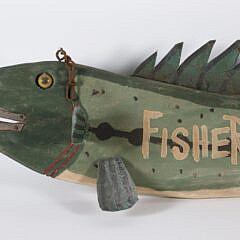 Carved Wood and Tin Decorated Hanging Fish Sign “Fishermen Welcome”