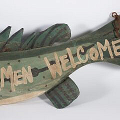Carved Wood and Tin Decorated Hanging Fish Sign “Fishermen Welcome”