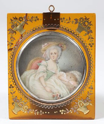 18th C. Hand Printed Miniature Portrait of a Lady Wearing a Bonnet and Holding Roses