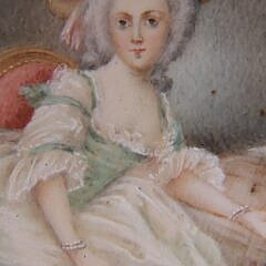 18th C. Hand Painted Miniature Portrait of a Lady Wearing a Bonnet and Holding Roses
