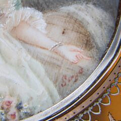 18th C. Hand Painted Miniature Portrait of a Lady Wearing a Bonnet and Holding Roses