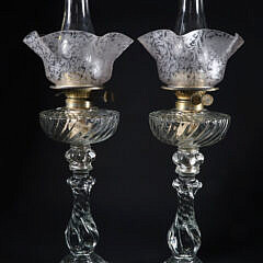 Pair of Baccarat Clear Twisted Glass Kerosene Lamps, 19th Century