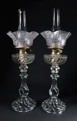 Pair of Baccarat Clear Twisted Glass Kerosene Lamps, 19th Century