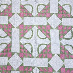 Vintage Pink and Green Basket Patchwork Quilt, circa 1930s
