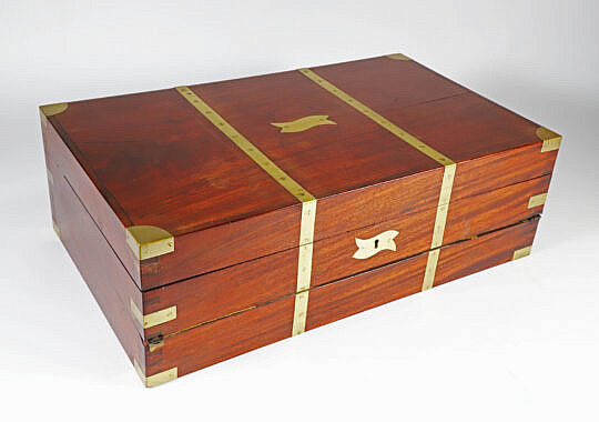 19th Century Dovetailed Brass Bound Mahogany Traveling Desk Box with Three Hidden Drawers