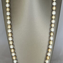 Fine 12mm x 13.9mm Natural Gold and White South Sea Baroque Pearl Necklace, 14k Yellow Gold and Diamond Clasp
