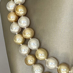 Fine 12mm x 13.9mm Natural Gold and White South Sea Baroque Pearl Necklace, 14k Yellow Gold and Diamond Clasp