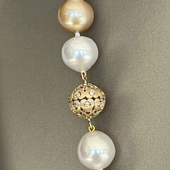 Fine 12mm x 13.9mm Natural Gold and White South Sea Baroque Pearl Necklace, 14k Yellow Gold and Diamond Clasp