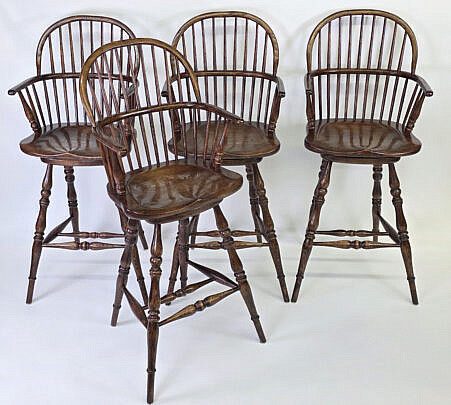 Set of Four English Oak Bow Back Windsor Bar Stools