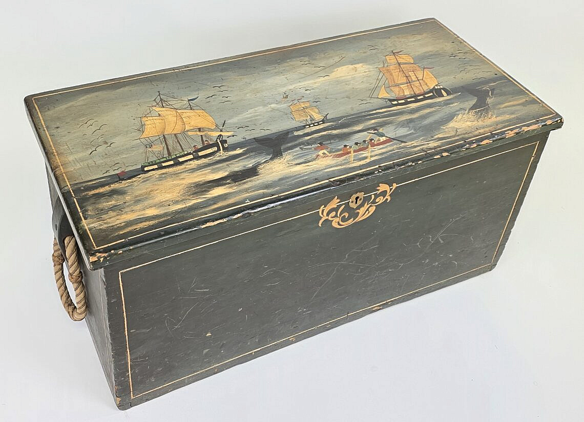 Elizabeth Dean Folk Art Whaling Scene Paint Decorated Trunk - Elizabeth ...