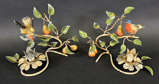 Pair of Vintage Painted Metal Bird and Foliate Candlesticks, 20th century