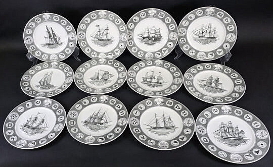 Set of Ten Vintage Wedgwood Sailing Ship Decorated Dinner Plates